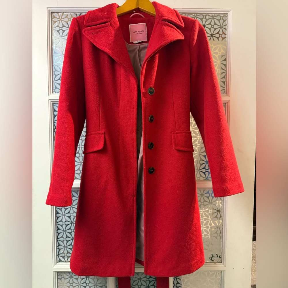 Kate Spade red wool blend belted button down coat size small!